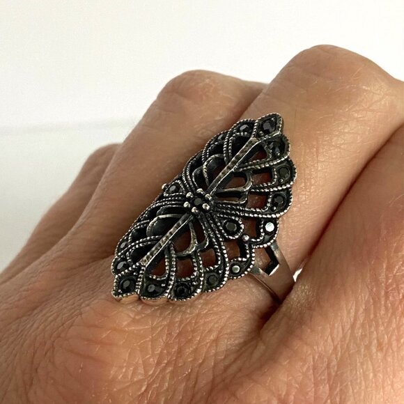 Sterling Silver 925 Openwork Scrollwork Wide Black Black Rhinestone Ring Sz 8 - Picture 3 of 16